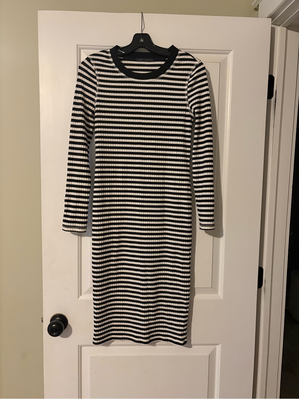 Women's Navy and White Striped Ribbed Midi Dress